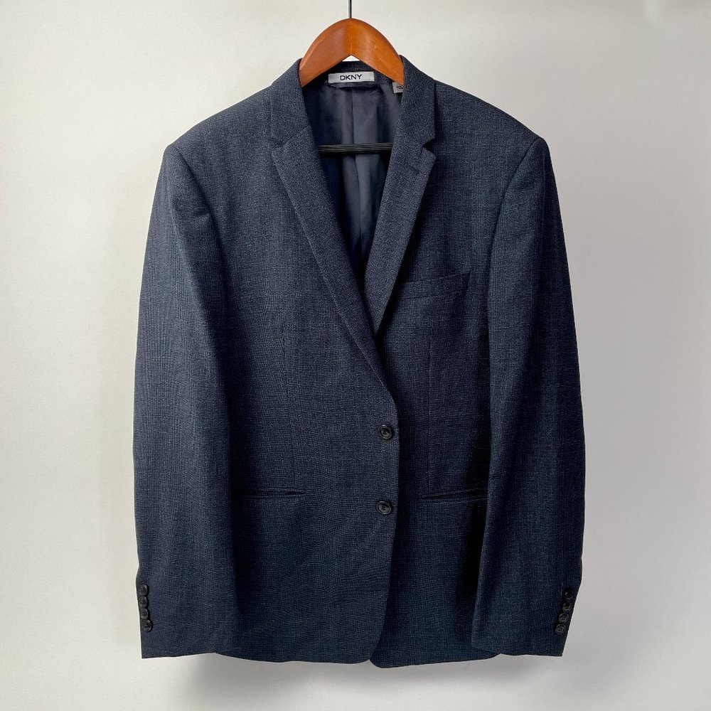 DKNY Wool Two Button Sport Coat Jacket Blazer, Navy Blue Micro Check, Size 46R